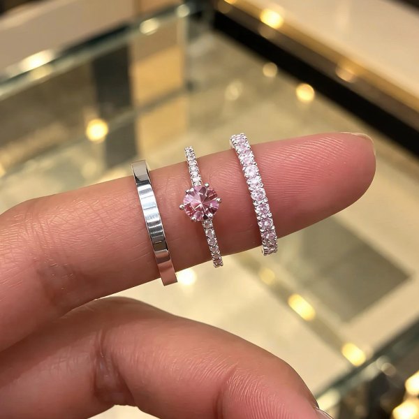 Aliança 2mm Cravejada ( Rosa ) - Prata 950, imagem 1